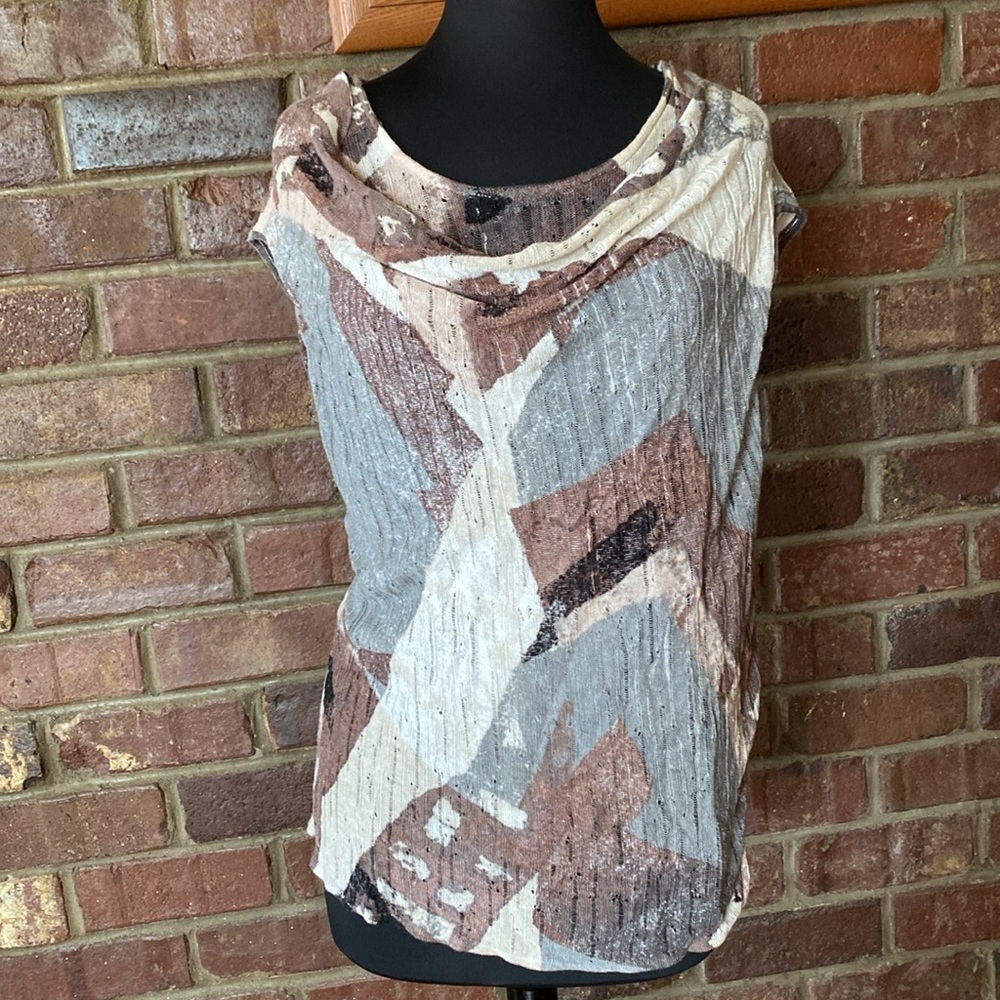 Nic + Zoe brown and grey layered cowl neck‎ linen cap sleeve open knit sweater